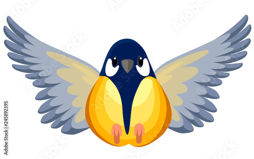 Front view of flying Titmouse bird. Flat cartoon character design. Colorful bird icon. Cute titmouse template. Vector illustration isolated on white background