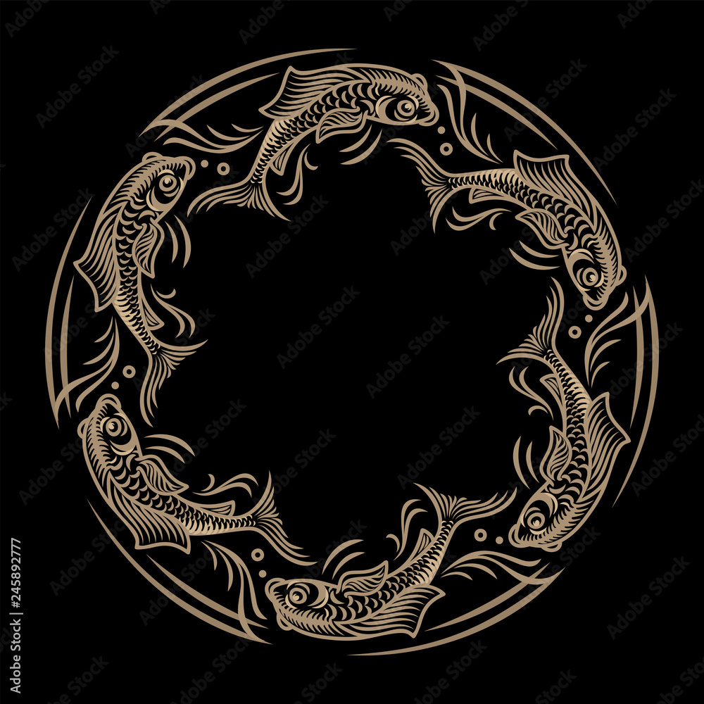 Golden fish on black background, Koi Fish, Carp in circular composition, illustration, vector Golden fish on black background, Koi Fish, Carp in circular composition, illustration, vector