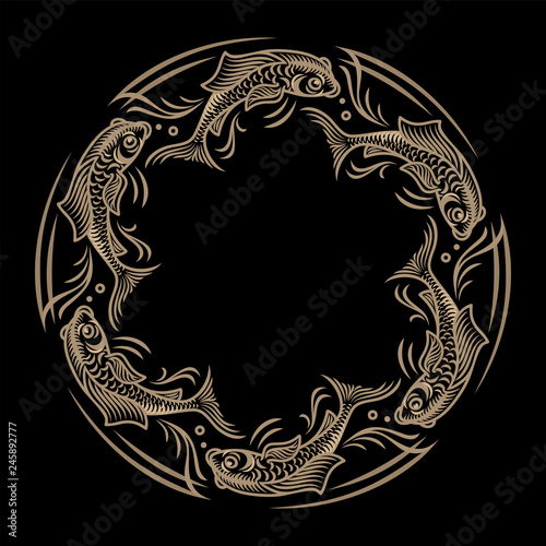 Golden fish on black background, Koi Fish, Carp in circular composition, illustration, vector