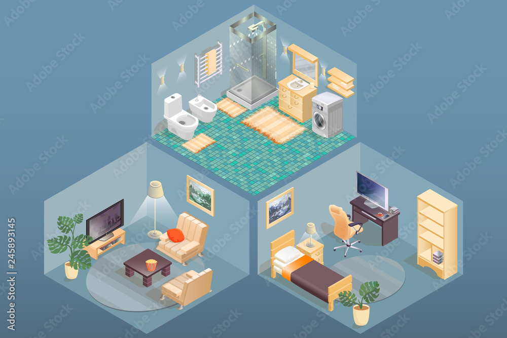 Room items and furniture isometric icons. Vector interior design.