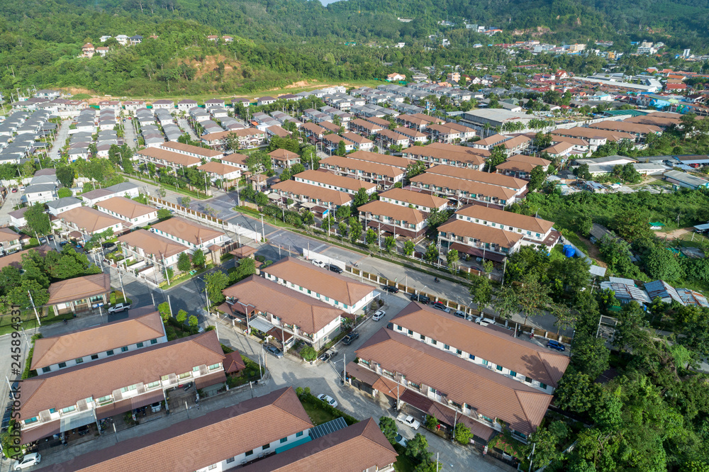 Aerial view drone shot of modern houses village