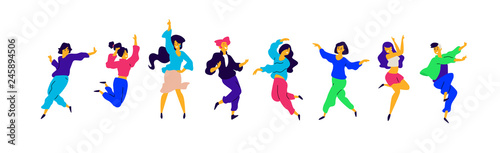 A group of young happy girls and guys are dancing. Illustrations of males and females. Flat style. A group of happy teenagers are dancing and having fun. Shapes are isolated on a white background.