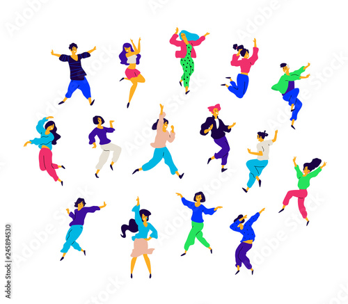 A group of dancing people in different poses and emotions. Illustrations of men and women. Flat style. A group of happy teenagers are dancing and having fun. Figure for packaging. Dance studio.