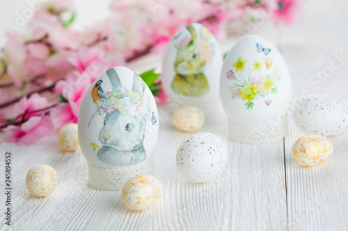 Easter eggs, bunny and spring flowers