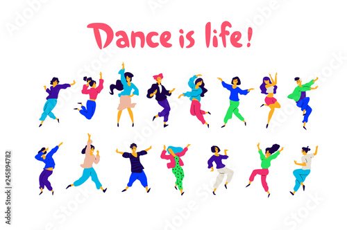 A group of dancing people in different poses and emotions. Illustrations of men and women. Flat style. A group of happy teenagers are dancing and having fun. Dance is life. Studio or dance school.