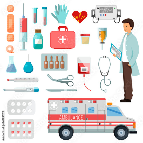Pharmacy vector doctor character on ambulance car and medicine drugs pills in container illustration medication pharmaceutics set of medical treatment healthcare signs isolated on white background