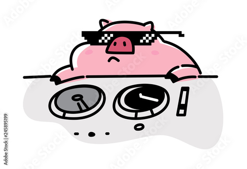 Photos An illustration of a fat cute pig with a DJ