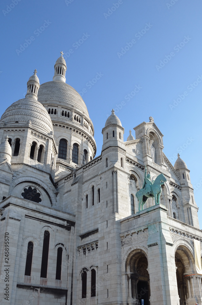 The Catholic basilica of the Sacred Heart in Paris. The basilica is located above Montmartre within the urban area of ​​the 18th arrondissement of Paris. France