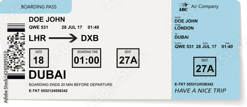 Vector pattern of a boarding pass and air ticket. Realistic variant of airplane ticket. Concept for travel by airplane.