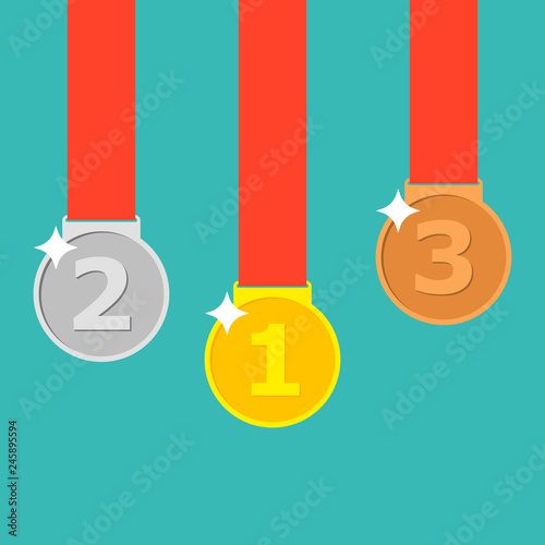 Gold, silver, bronze medal with red ribbon. 1st, 2nd and 3rd places. First, second, third place. Award winner trophy . Golden badge for achievement. Vector flat design.