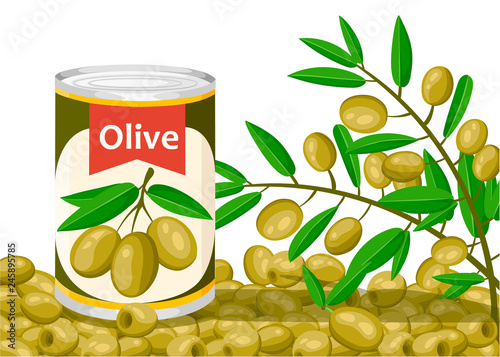 Olive in aluminum can. Canned olive with branch logo. Product for supermarket and shop. Flat vector illustration on white background photo