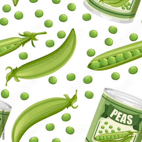 Seamless pattern. Green peas in aluminum can with pod. Canned food with peas logo. Product for supermarket and shop. Flat vector illustration on white background