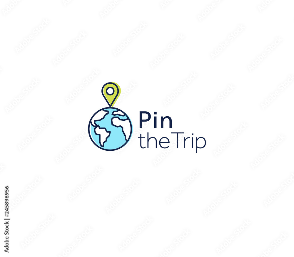 Foto de Pin the trip logo template. Vector logo for travel. Pin on the  globe ideal logo for your site, application. do Stock