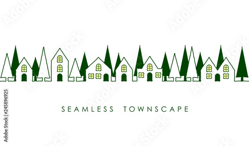 シームレスな町並みの線画イラスト