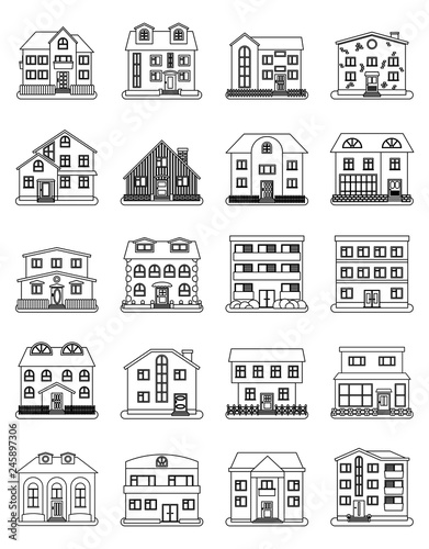 Set of twenty houses in thin line style