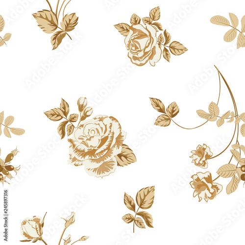 floral background with golden roses flowers on white