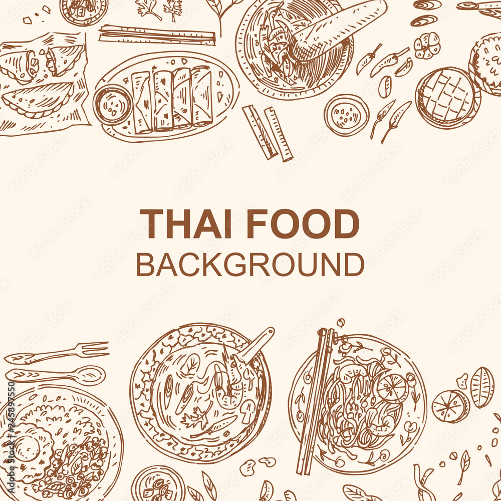Thai food flyer design. Linear graphic. Vector illustration. Engraved ...