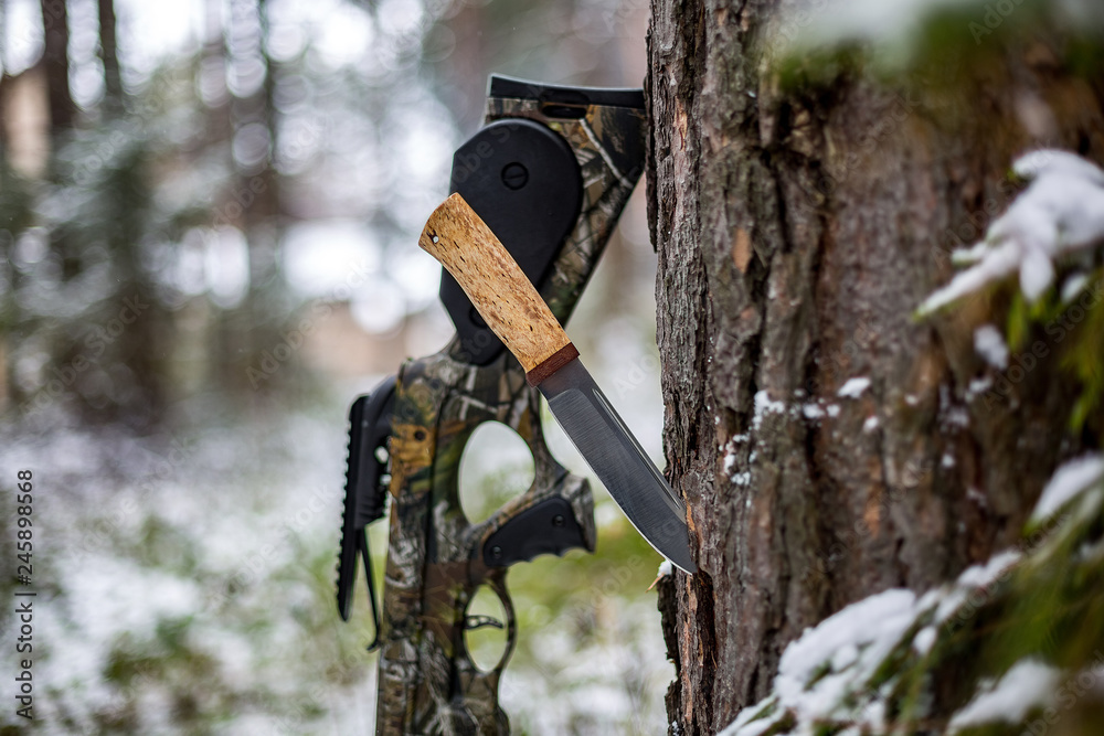  hunting tourist crossbow, a knife stuck in a pine against the background of a winter forest