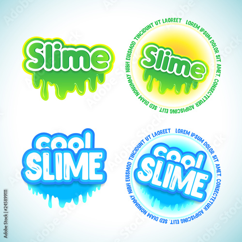 Slime logotype templates set. Liquid green and blue slime. Letters with blots, splashes and smudges. Glossy typeface. Drops slime isolated on white background