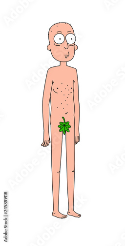 Illustration of naked Adam with a fig leaf. Vector. Flat style. Nude young cartoon man.