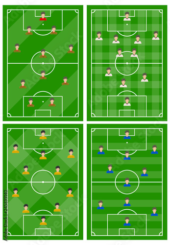 Set of four football fields with a different scheme of players on the field