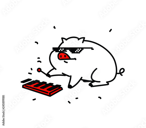 Illustration of a fat cute pig in pixel glasses. Vector. Flat style. Pig musician playing on the melophone. Character for music store and animation. Internet meme. photo
