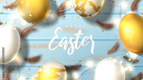 Greeting Easter background. Beautiful banner with realistic white and gold Easter eggs, sparkling golden confetti, shining garlands and chicken feathers. Holiday vector illustration.