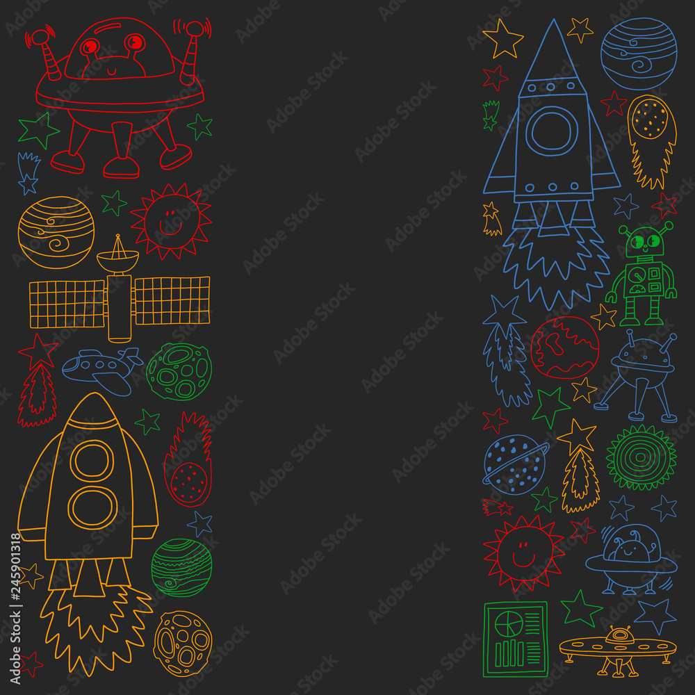 Vector set of space elements iicons in doodle style. Painted, colorful, pictures on a piece of paper on blackboard. Vector set of space elements iicons in doodle style. Painted, colorful, pictures on a piece of paper on blackboard.