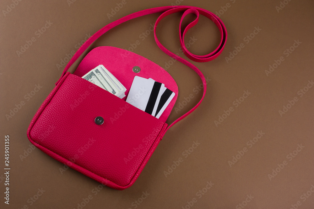 top view red leather stylish bag with dollar bills and credit cards flat lay on a brown background copy space top view red leather stylish bag with dollar bills and credit cards flat lay on a brown background copy space
