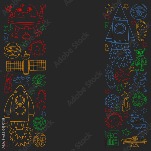 Vector set of space elements iicons in doodle style. Painted, colorful, pictures on a piece of paper on blackboard.