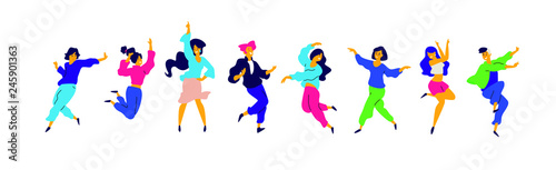 A group of young happy girls and guys are dancing. Vector. Illustrations of males and females. Flat style. A group of happy teenagers are dancing and having fun. Shapes are isolated on a white backgro