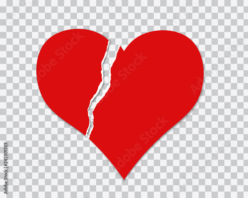 Realistic illustration of red torn heart on paper with shadow, isolated on transparent background, vector