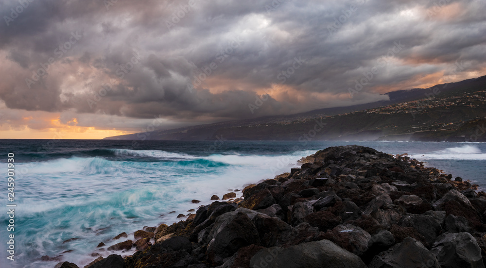 Storm on the ocean, Waves hitting the breakwater.Puerto de la Cruz, Tenerife