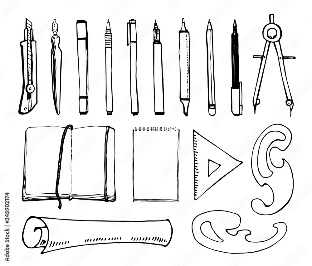 Drawing tools. Set of hand drawn sketch vector artist materials. Black and  white stylized illustration isolated on white background. Pens, notebooks,  rulers, compass Stock Vector