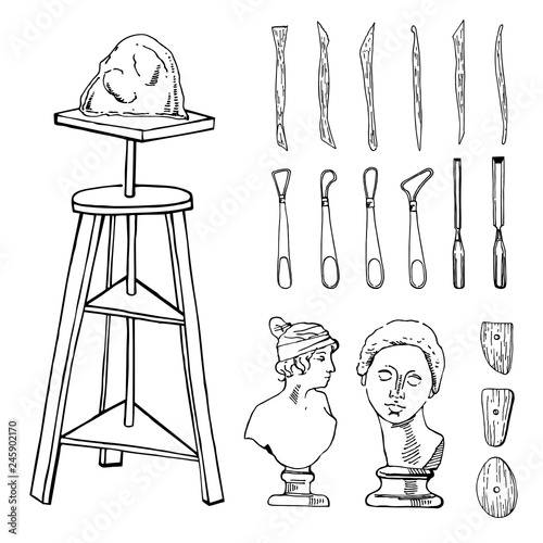 Set of hand drawn sketch vector sculptor artist materials. Black and white stylized illustration with tools - stacks, table, chisels and heads