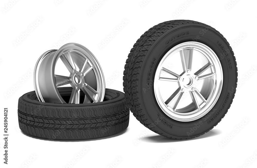 Car alloy wheel and tyre on white background. 3d render illustration