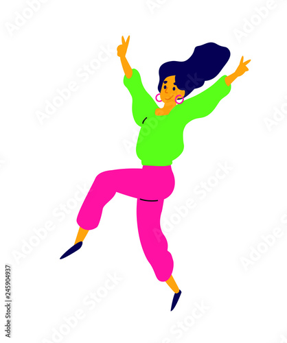 Cheerful dancing girl. Vector. Illustration of a laughing young woman. Character for the dance studio. Flat style. Positive sexy female. Character in the disco. Enjoys life.