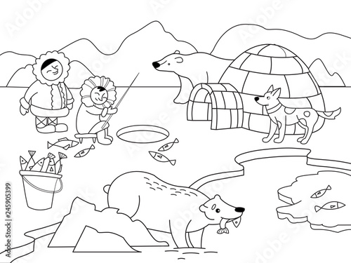 North Pole vector. Educational game for kids educational game. Arctic animals Coloring  black and white coloring.