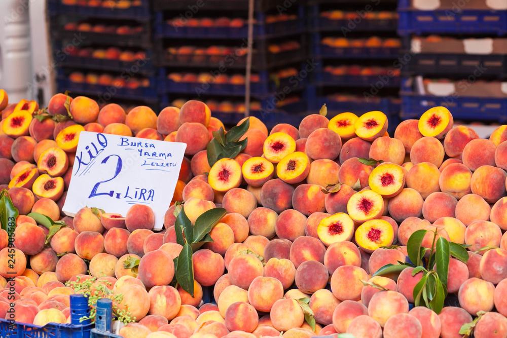 Farmers market, fresh peaches