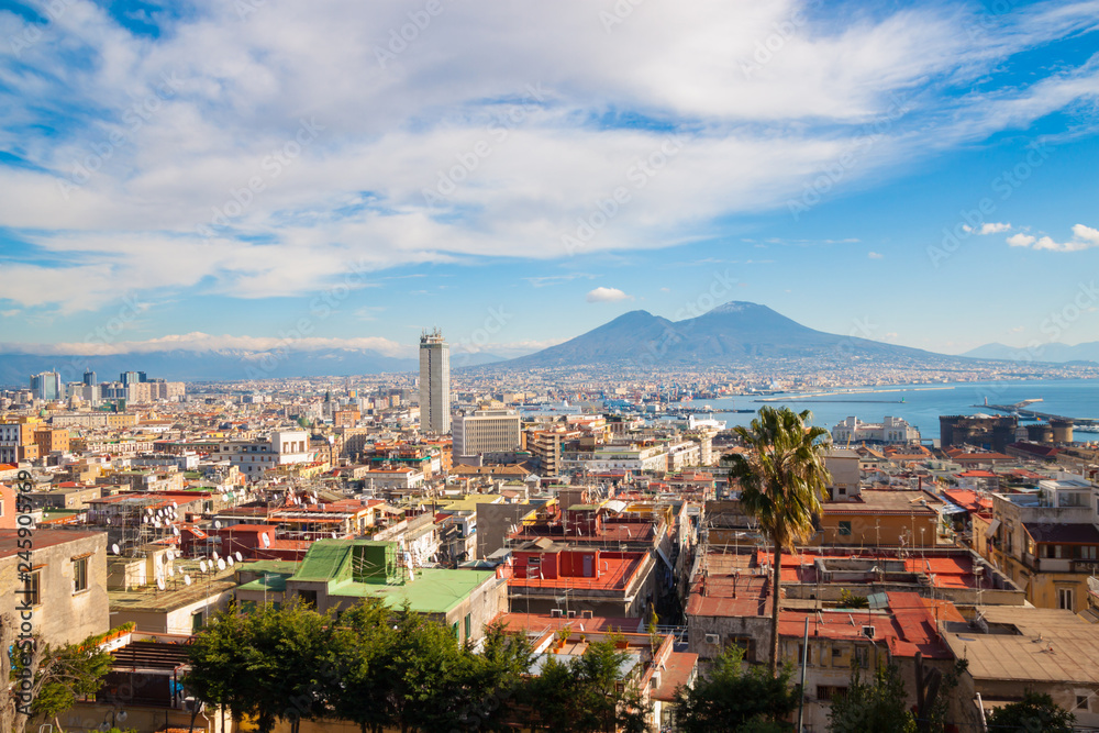 Landscape of Naples, Italy with view of Mount Vesuvius