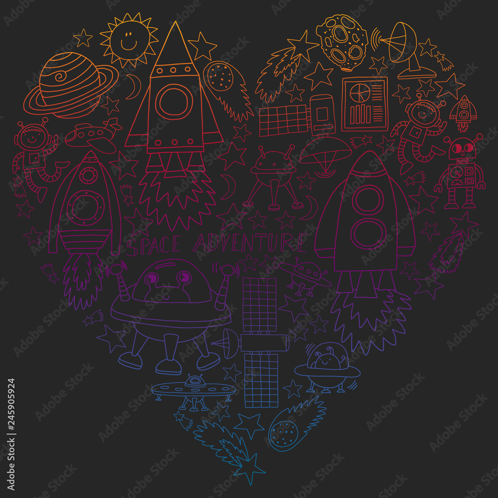 Vector set of space elements icons in doodle style. Painted, colorful, gradient pictures on a piece of paper on blackboard.