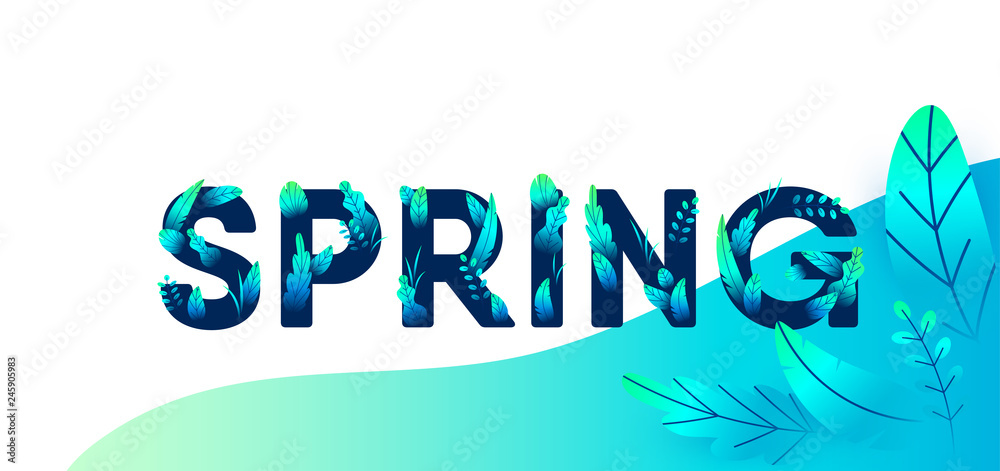Spring green blue letter with leaves vector background. Floral springtime  graphic design illustration for fashion poster, sale banner, greeting card,  t-shirt, invitation Stock Vector | Adobe Stock
