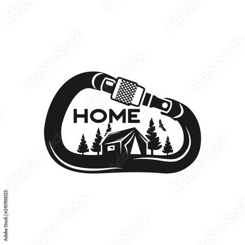 Camping Wildlife Badge. Mountain climbing and forest adventure emblem in monochrome retro style. Featuring tent, trees and eagle inside the carabiner. Stock vector hiking logo isolated on white