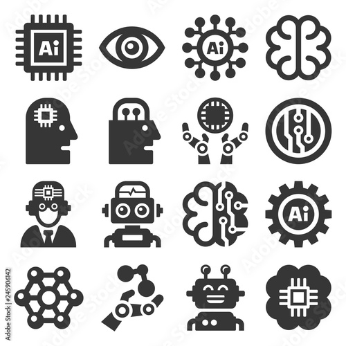 Artificial Intelligence AI Icons Set on White Background. Vector