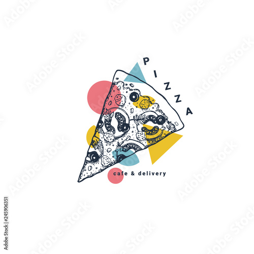 Pizza cafe design template. Pizza ingredients frame composition. Vector illustration