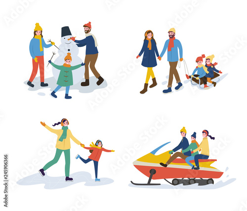 Family making snowman, mum and daughter skiing, riding on snowmobiling, walking outdoor with kids on sleigh, illustrations isolated on white vector