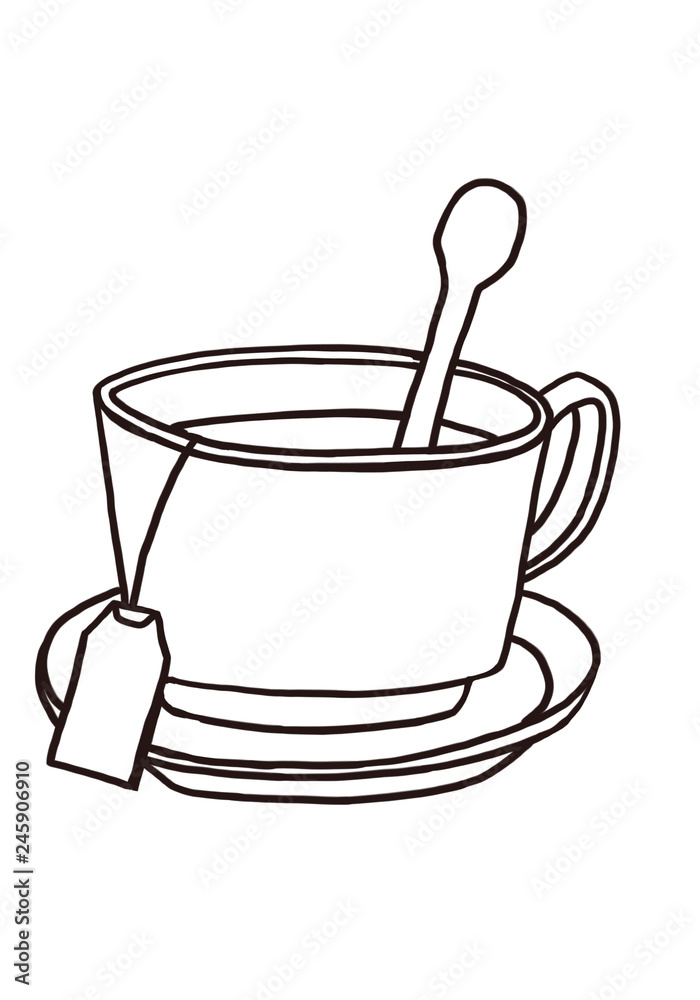 Taza de te con plato y cuchara, dibujo a mano aislado en fondo blanco.  Stock Illustration