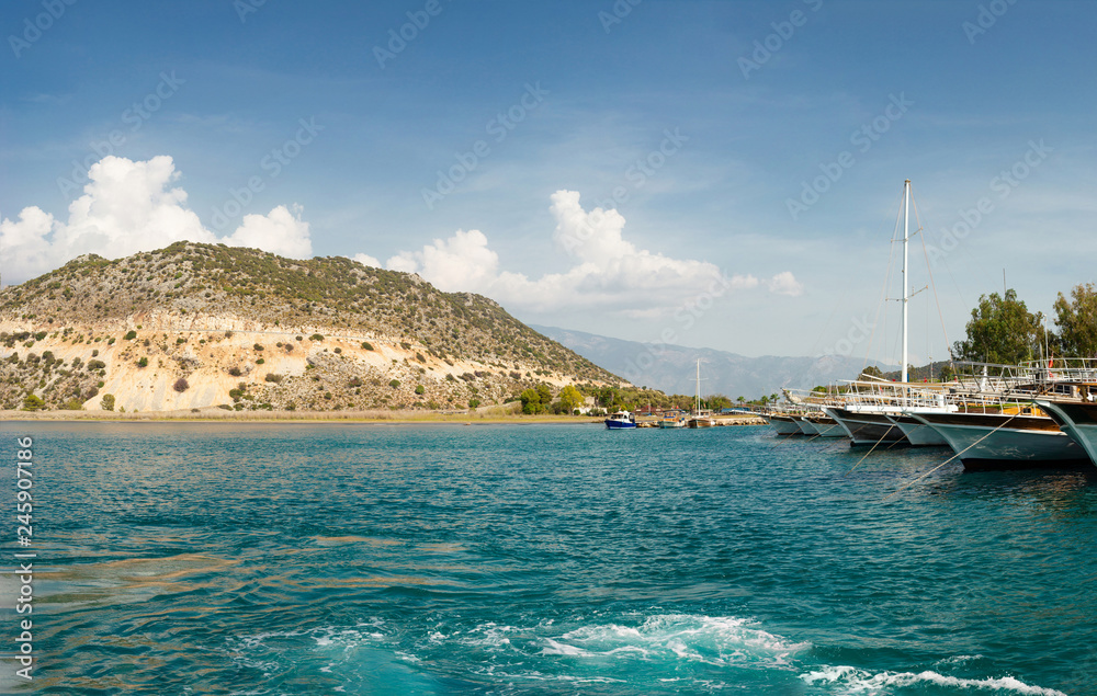 Sailing yacht in harbor, Turkey.