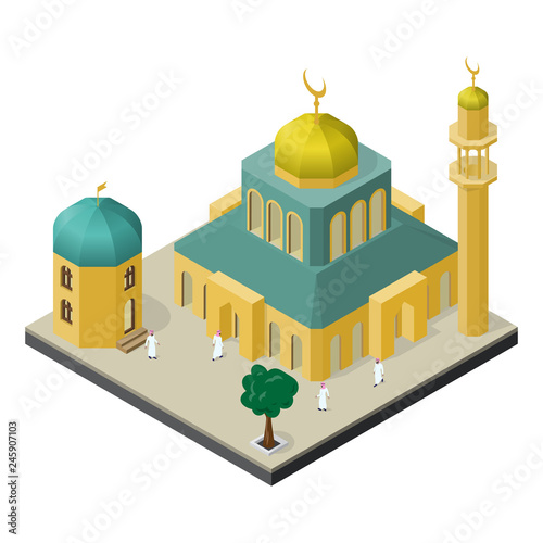 Oriental city life in isometric view. Mosque with minaret, muslims, arabian building and tree.
