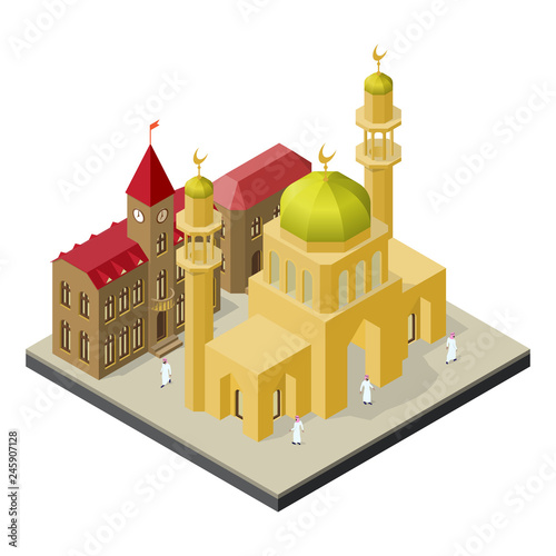 City life in isometric view. Mosque with minarets, urban buildings and muslims.